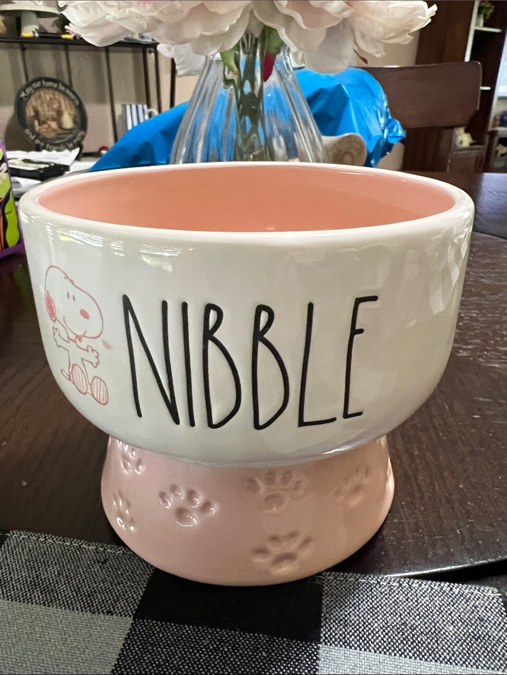 New Peanuts/ Rae Dunn Nibble Ceramic Bowl - Pink and White
